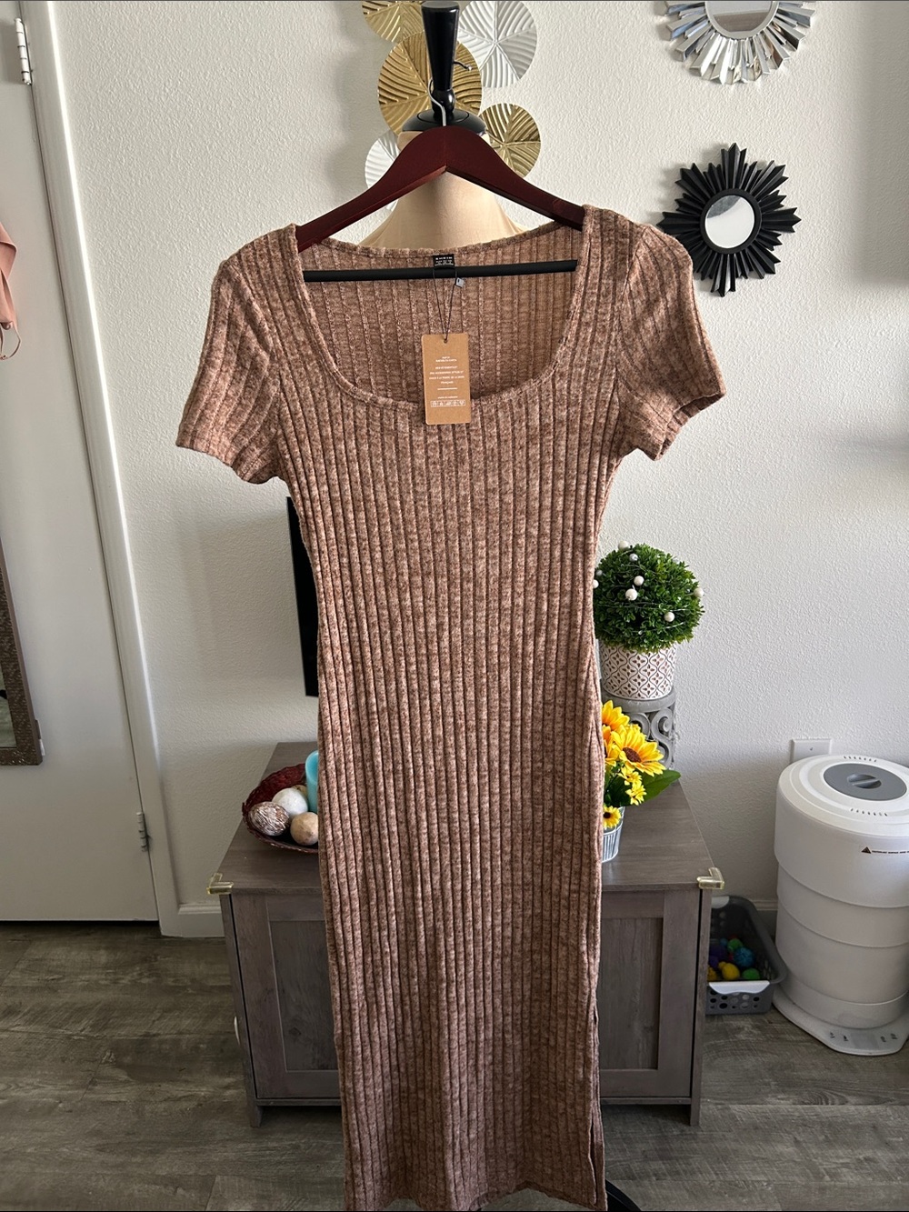 SHEIN Brown Ribbed Scoop-Neck Midi Dress soft and stretchy